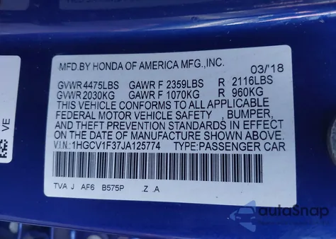 2018 Honda Accord Sport from USA, damaged, VIN 1HGCV1F37JA125774